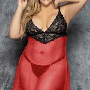 Black and Red Plus Size Sheer open back Babydoll Lingerie Set with panties
